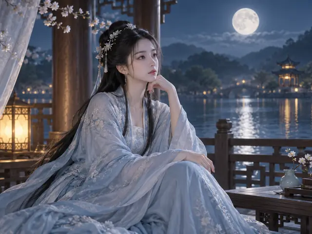 AI原创主题配图：月夜亭台中的虚构古装人物